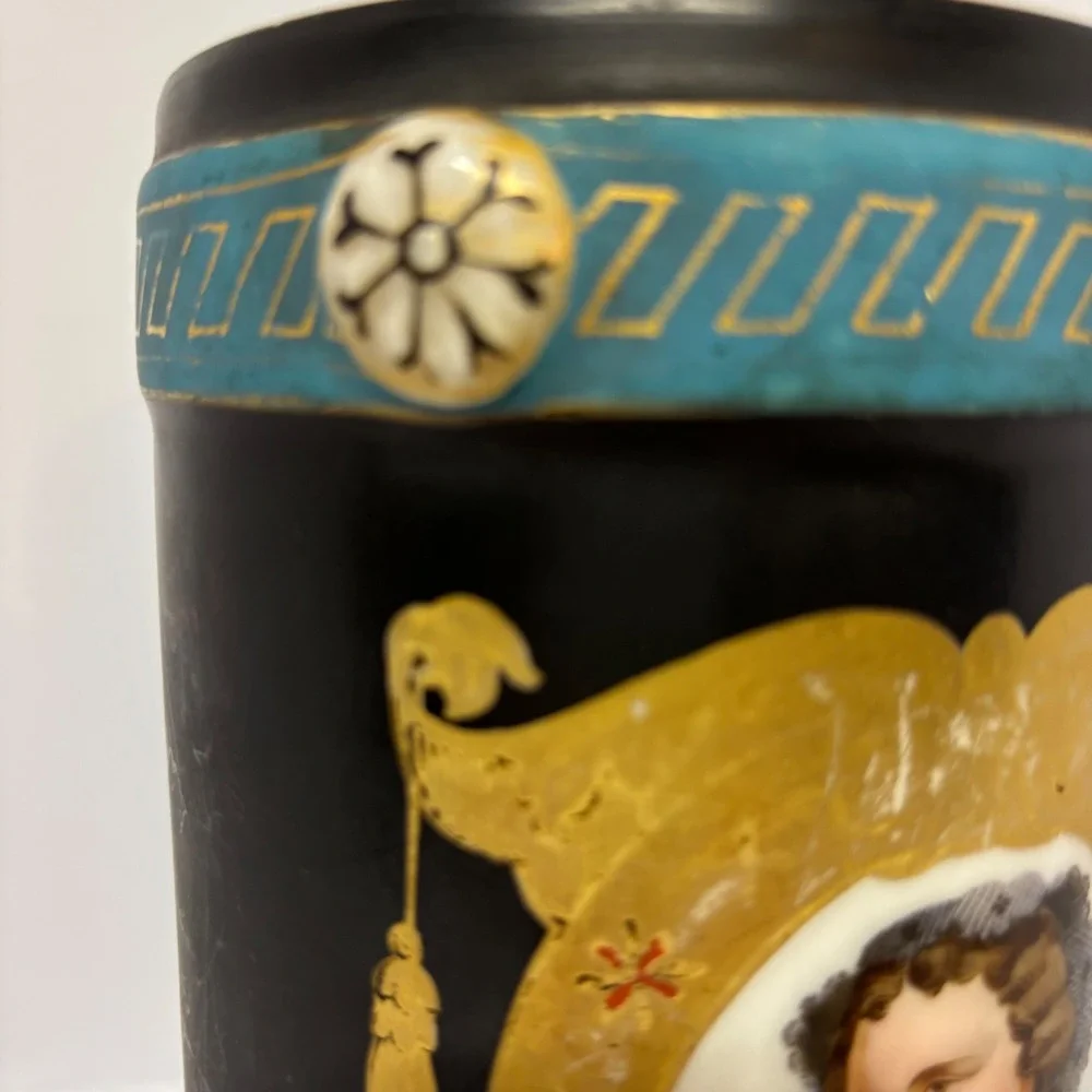 Antique Old Paris Porcelain Portrait Vase Black Gold Trim Decorative‎